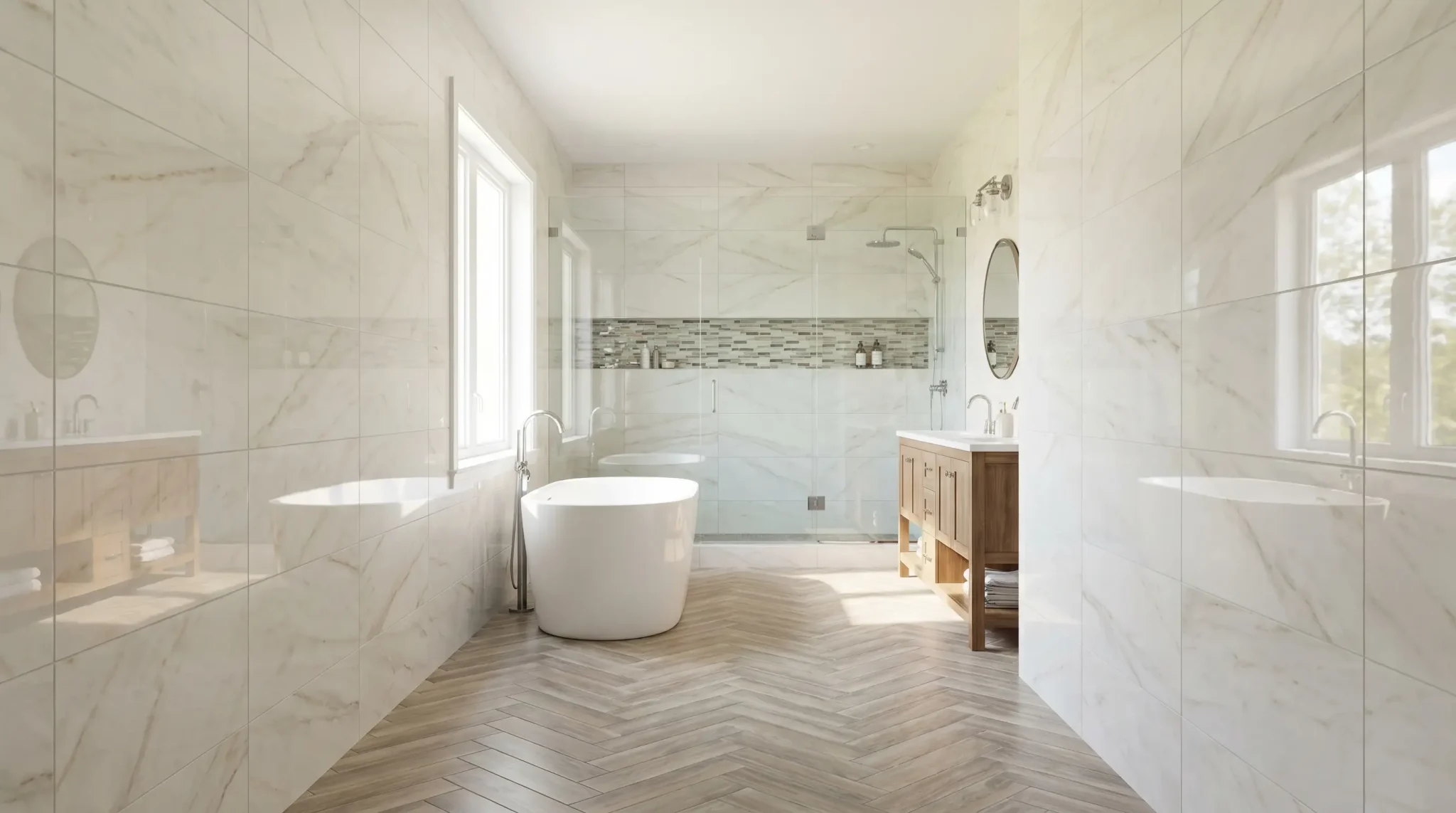 Spacious bathroom with freestanding tub and large shower, warm wood accents, natural light flooding in