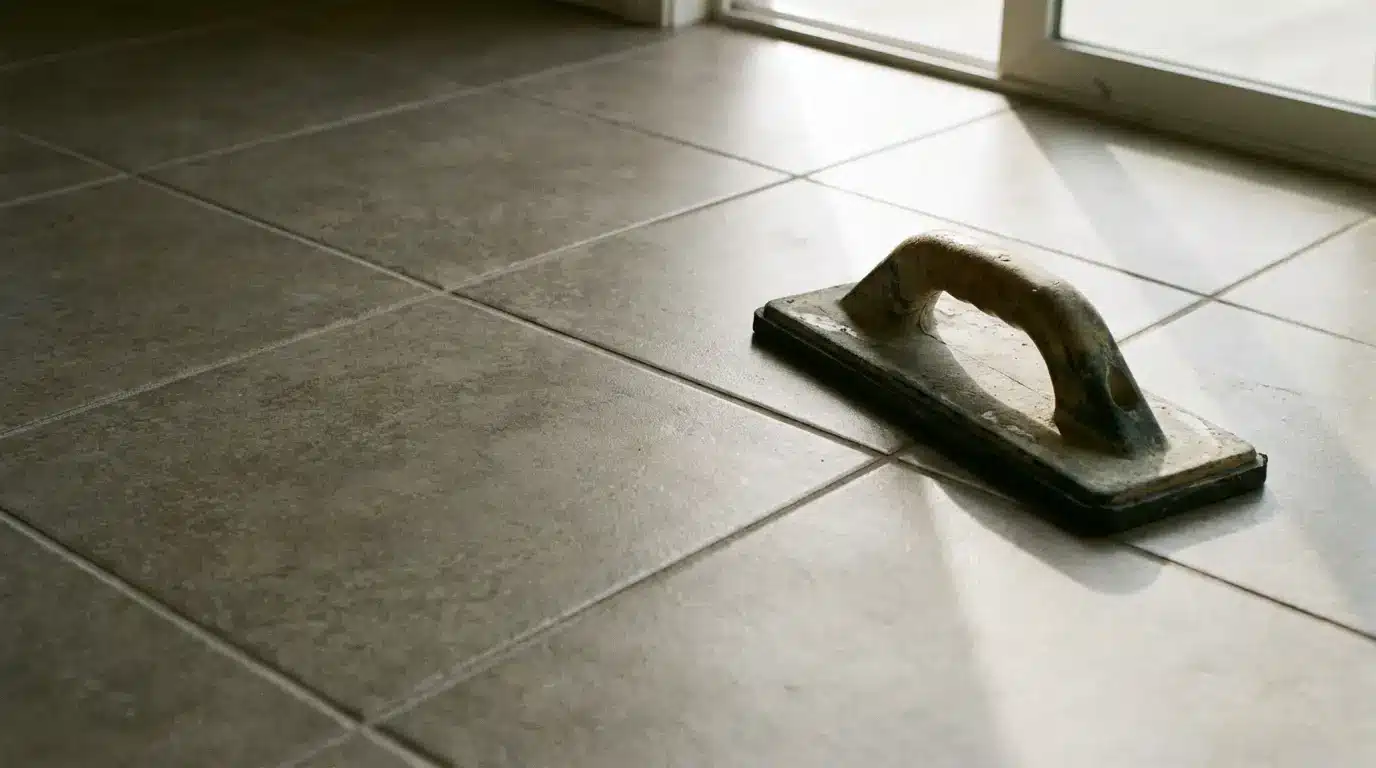 Tile floor with masonry float tool in natural light near window