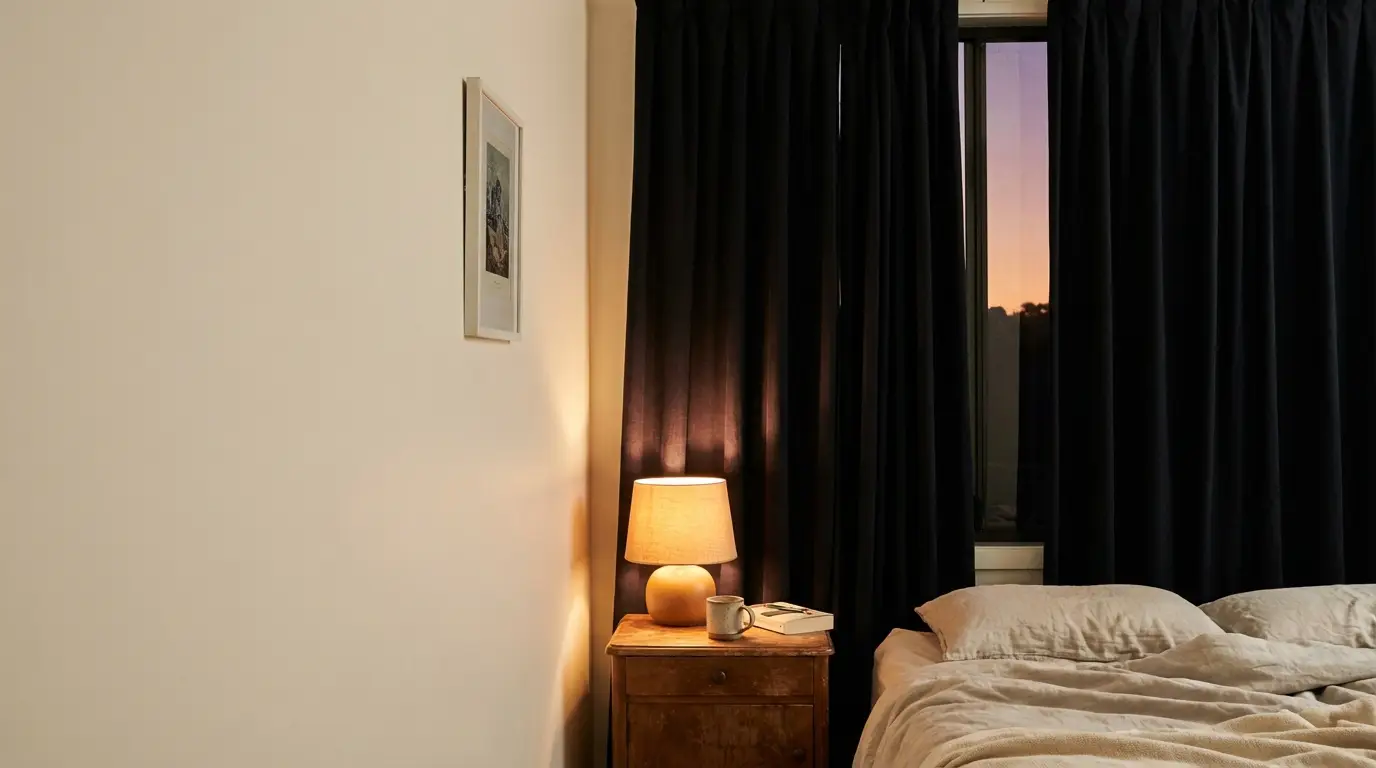 Cozy bedroom with wooden nightstand, soft lamp glow, beige bedding, and dark curtains at sunset