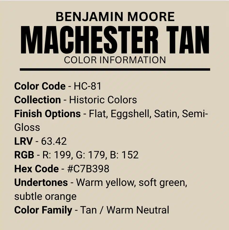 Benjamin Moore Manchester Tan color card showing the color information