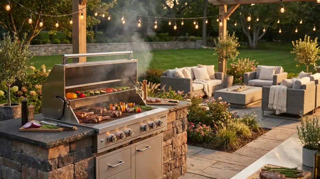 Outdoor barbecue grill with assorted vegetables and steaks near patio seating under string lights