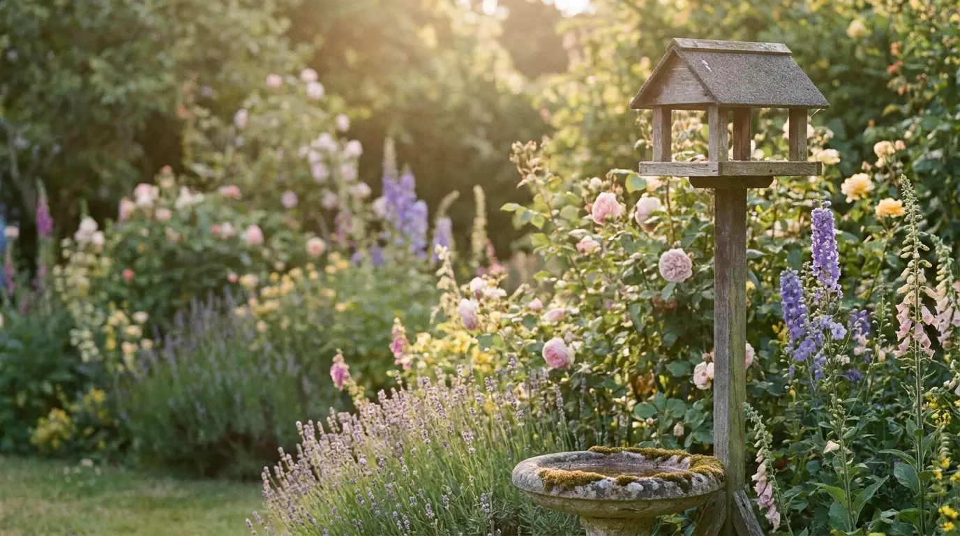 Birdhouse in a blooming cottage garden with pink roses and lavender under warm sunlight