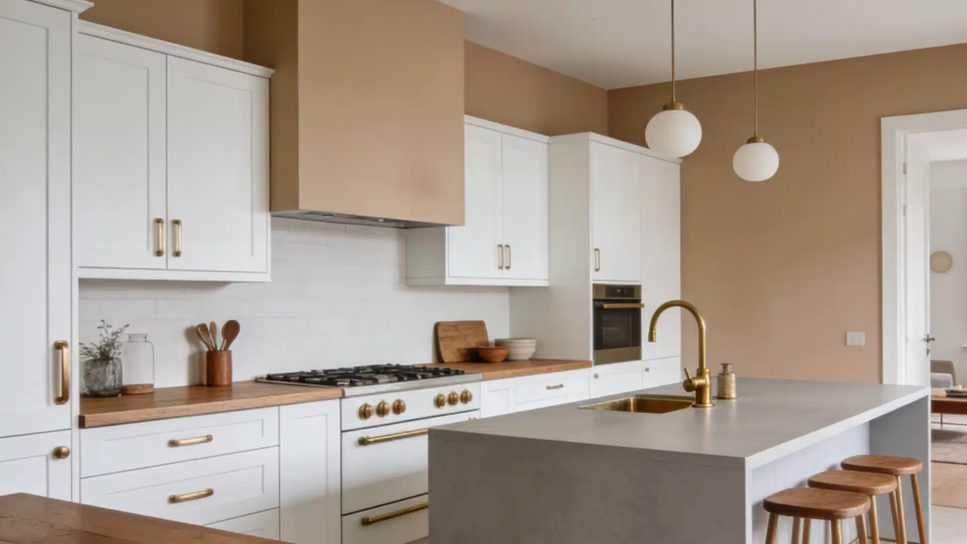 Bright kitchen with Manchester tan walls, Simply white painted cabinets, wood counters, and a Revere pewter gray island with brass fixtures