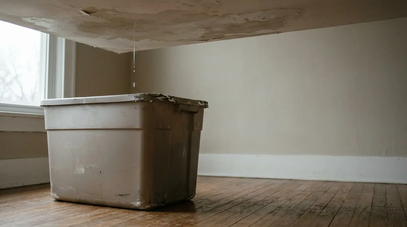 Plastic bin catching water from ceiling leak in an indoor room with wooden floorboards