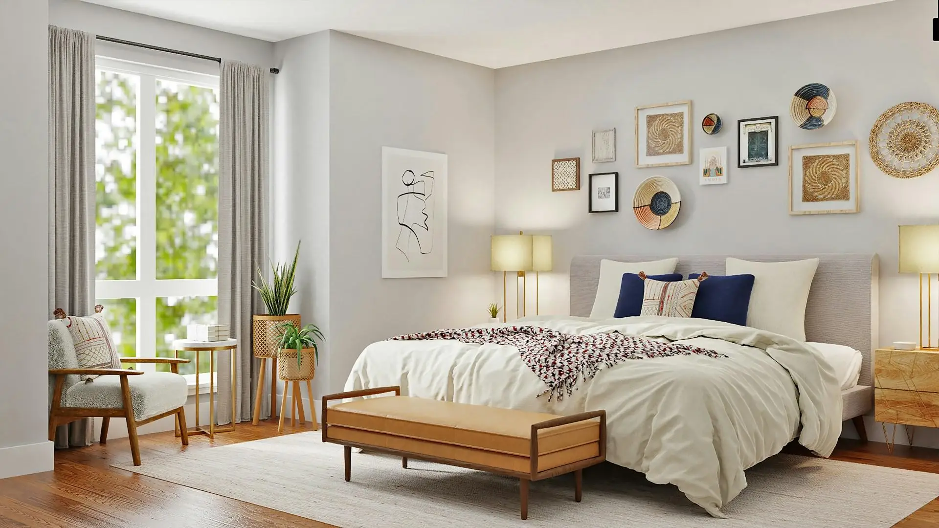 Contemporary bedroom with neutral tones, abstract wall art, wooden furniture, and houseplants near a window