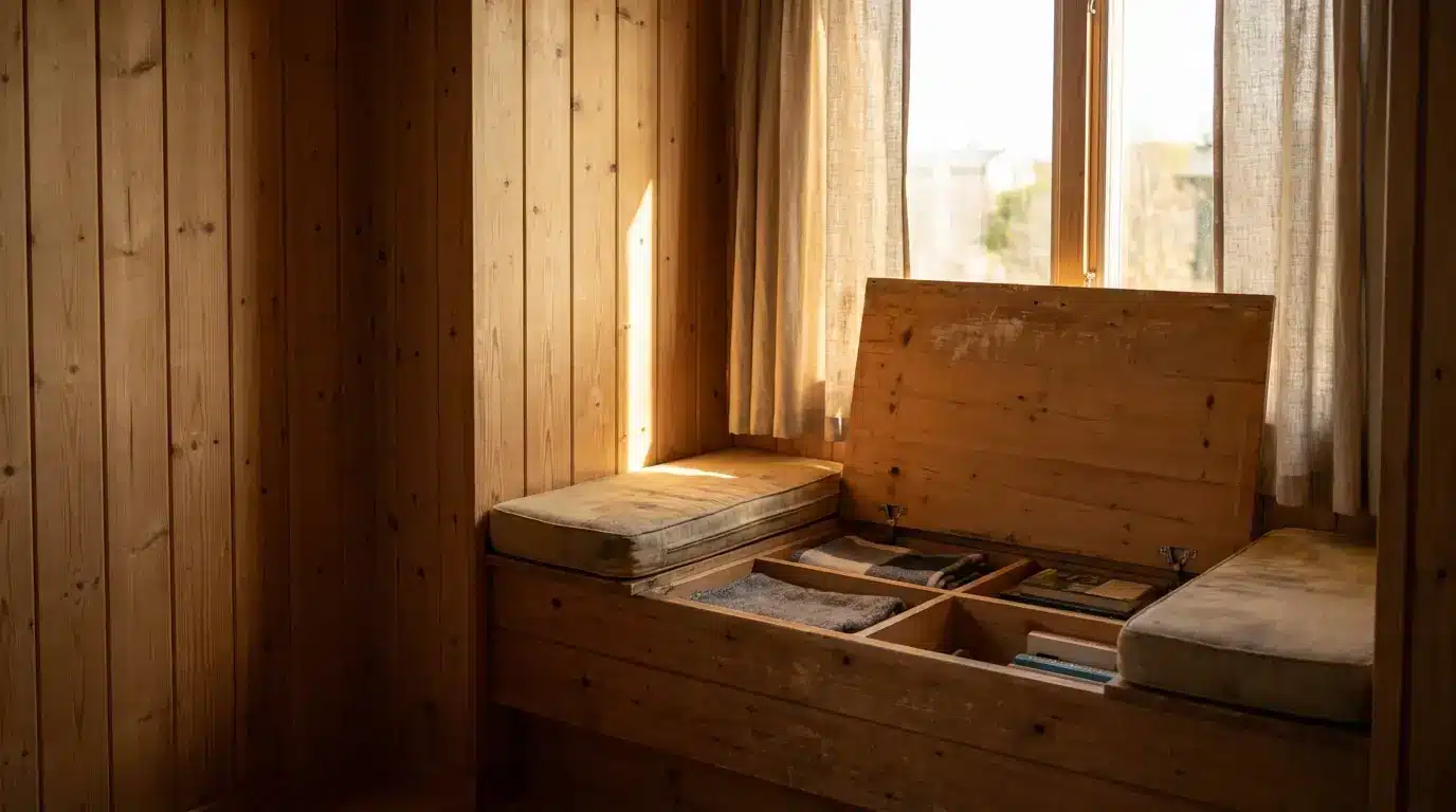 Wooden storage bench with open lid and books in sunlit room with curtains