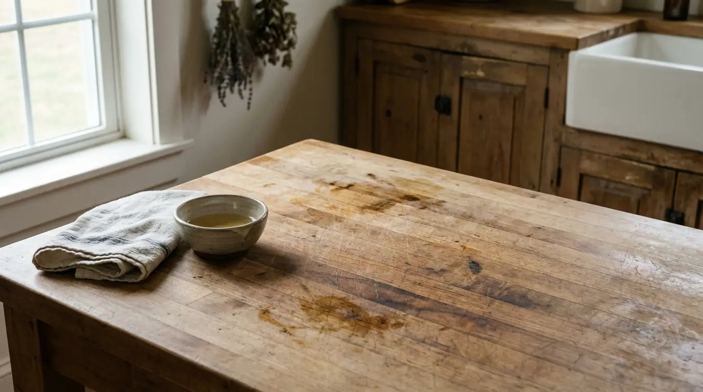 Wooden kitchen counter with ceramic bowl and cloth near farmhouse sink in soft natural light