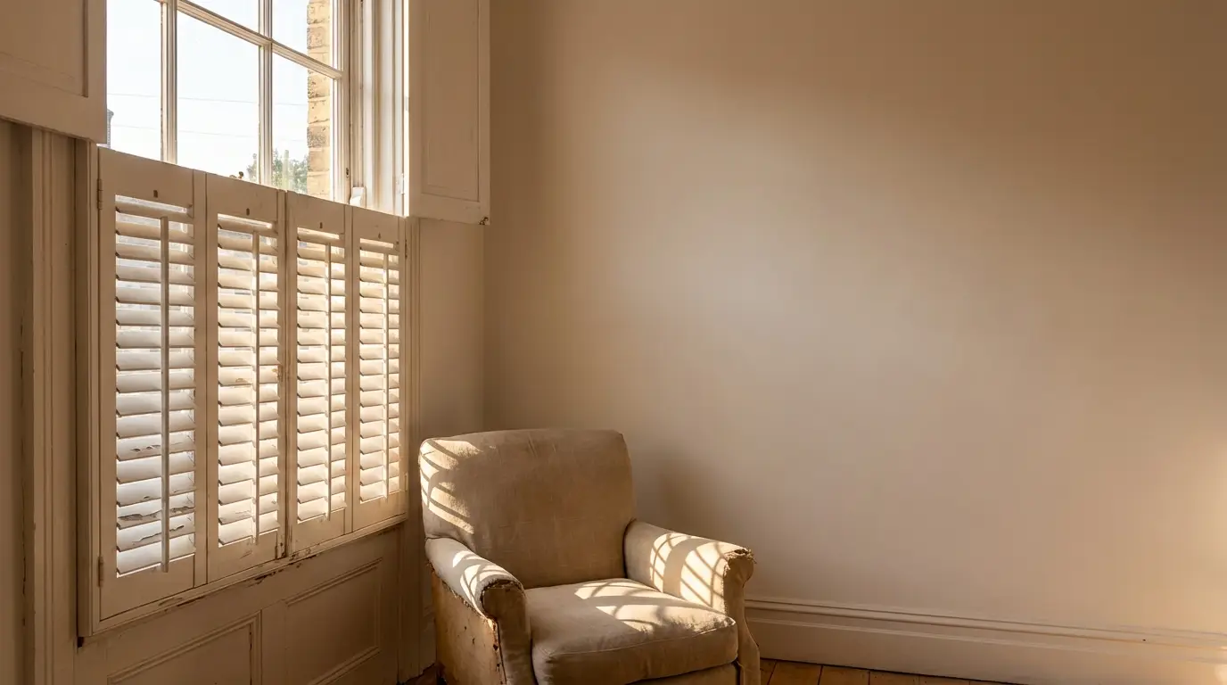 Worn armchair in sunlit corner with wooden shutters and beige wall