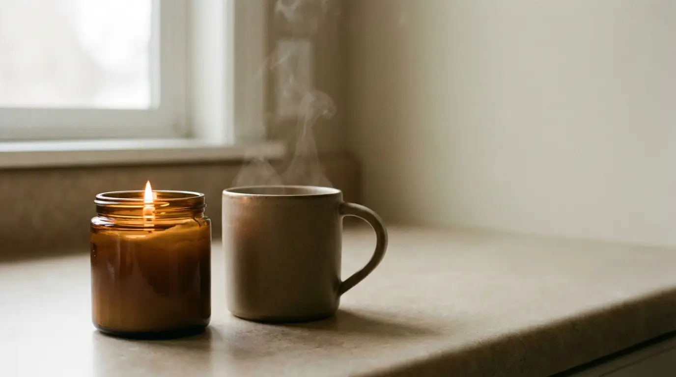 Lit amber candle and steaming mug on beige countertop by window in soft natural light