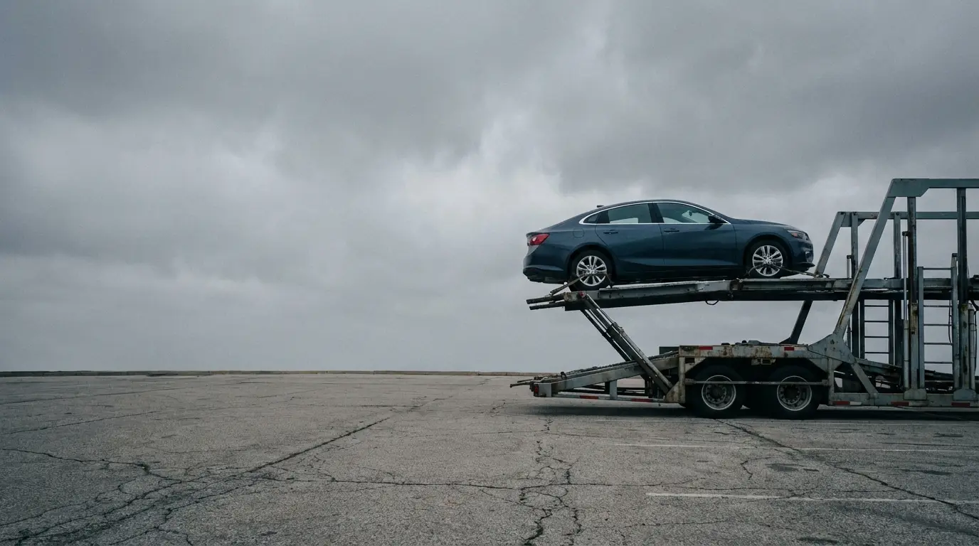 Blue sedan on a car carrier trailer under overcast sky in a parking lot