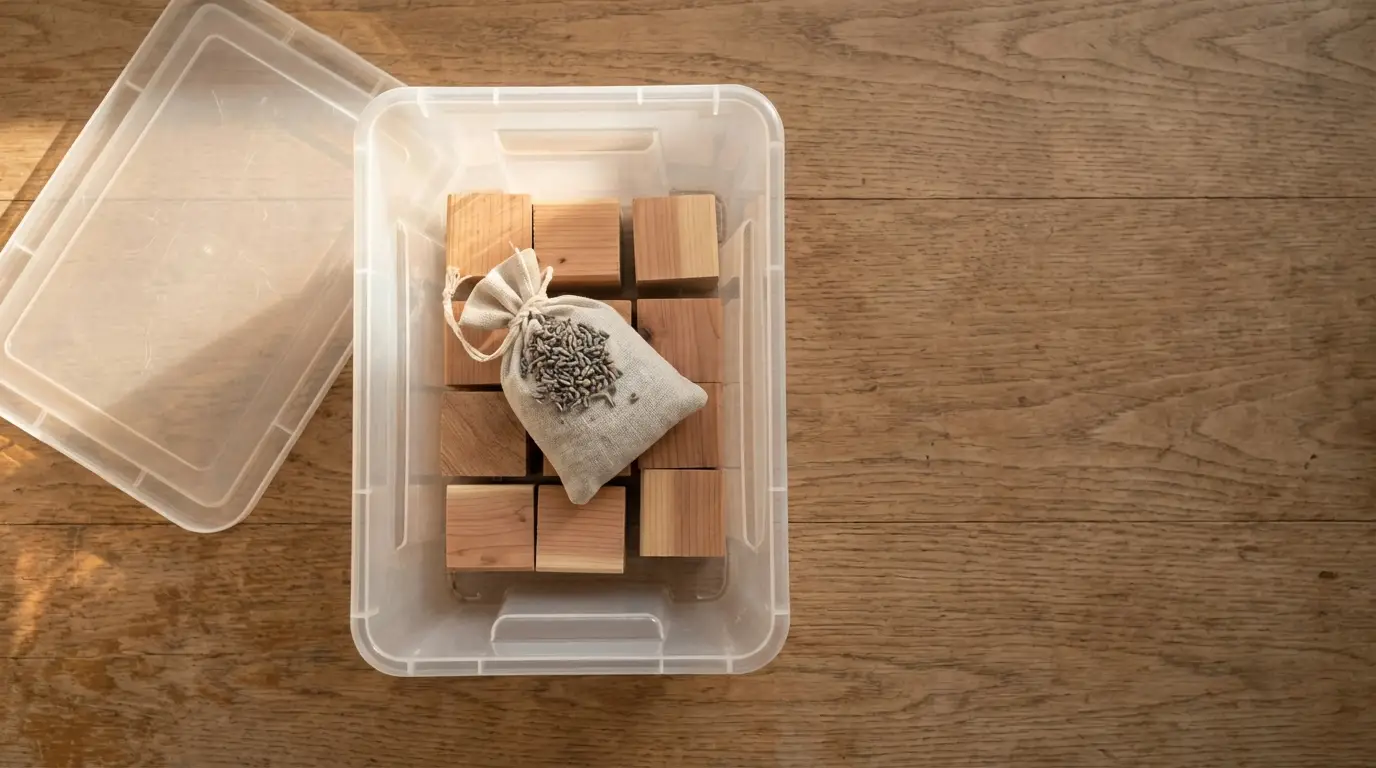 Plastic storage container with cedar blocks and lavender sachet on wooden floor