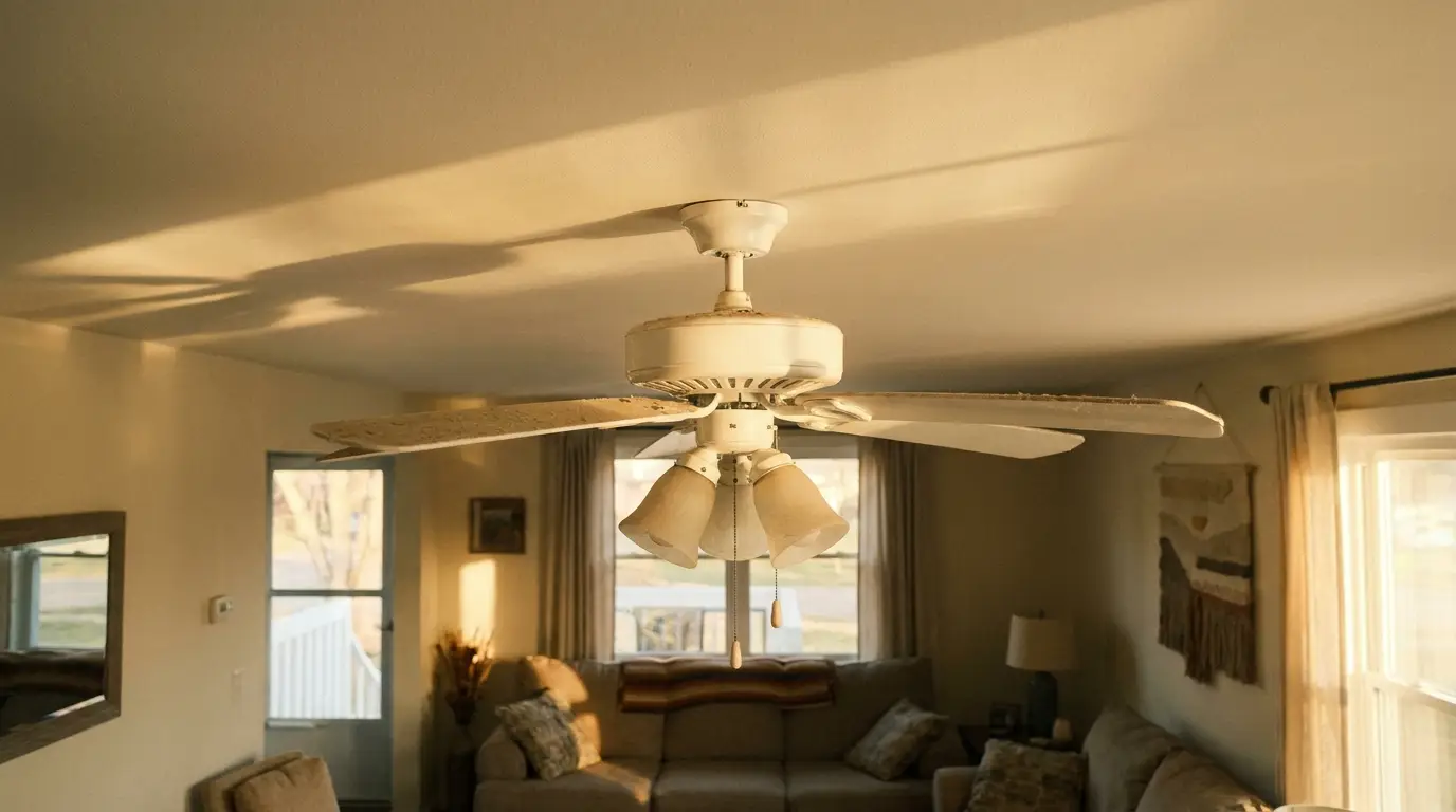 Ceiling fan with attached lights in cozy living room with beige furniture and warm lighting
