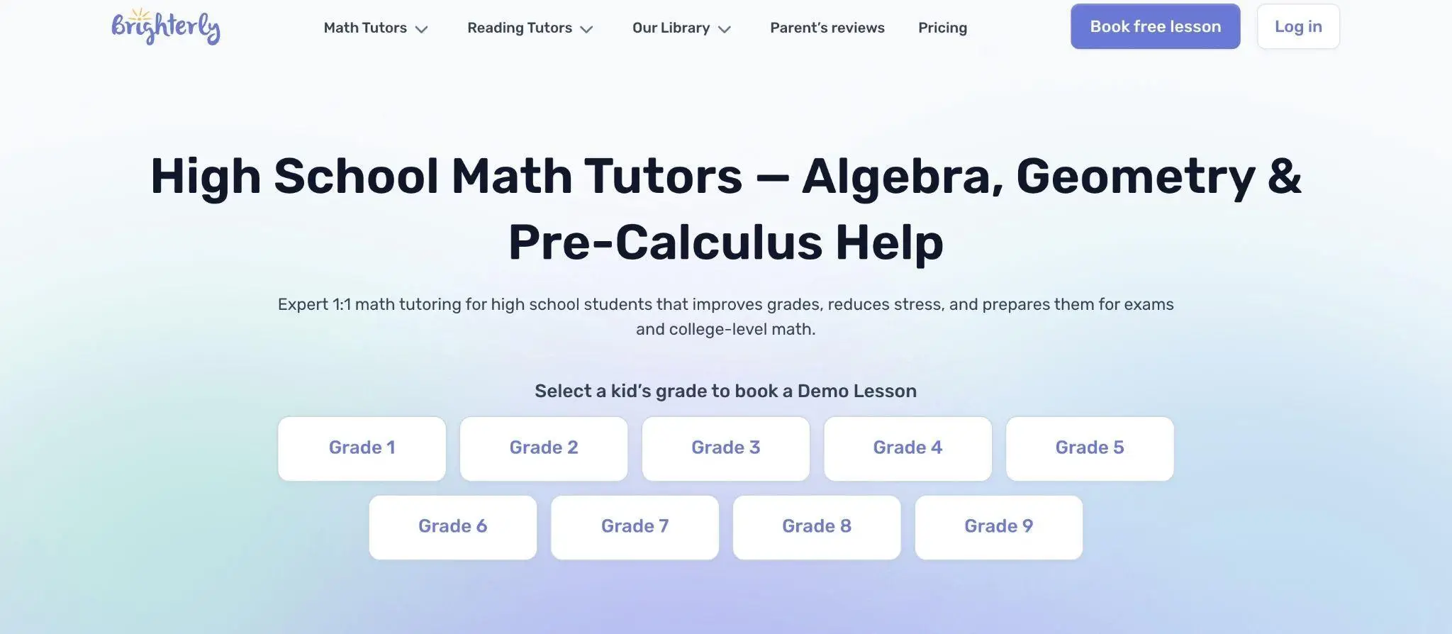 Website homepage with blue gradient background and navigation menu for math tutoring services