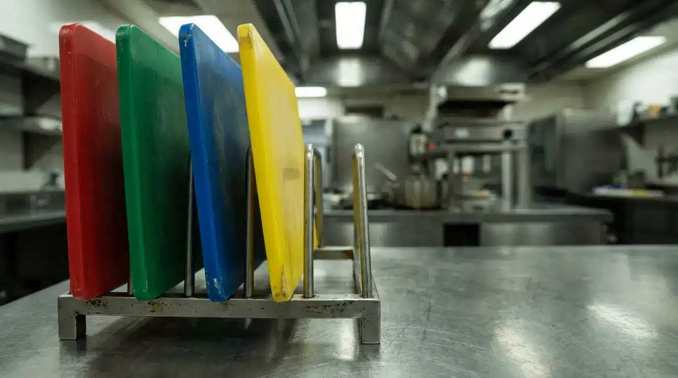 Colorful cutting boards in a metal rack on stainless steel counter in a commercial kitchen