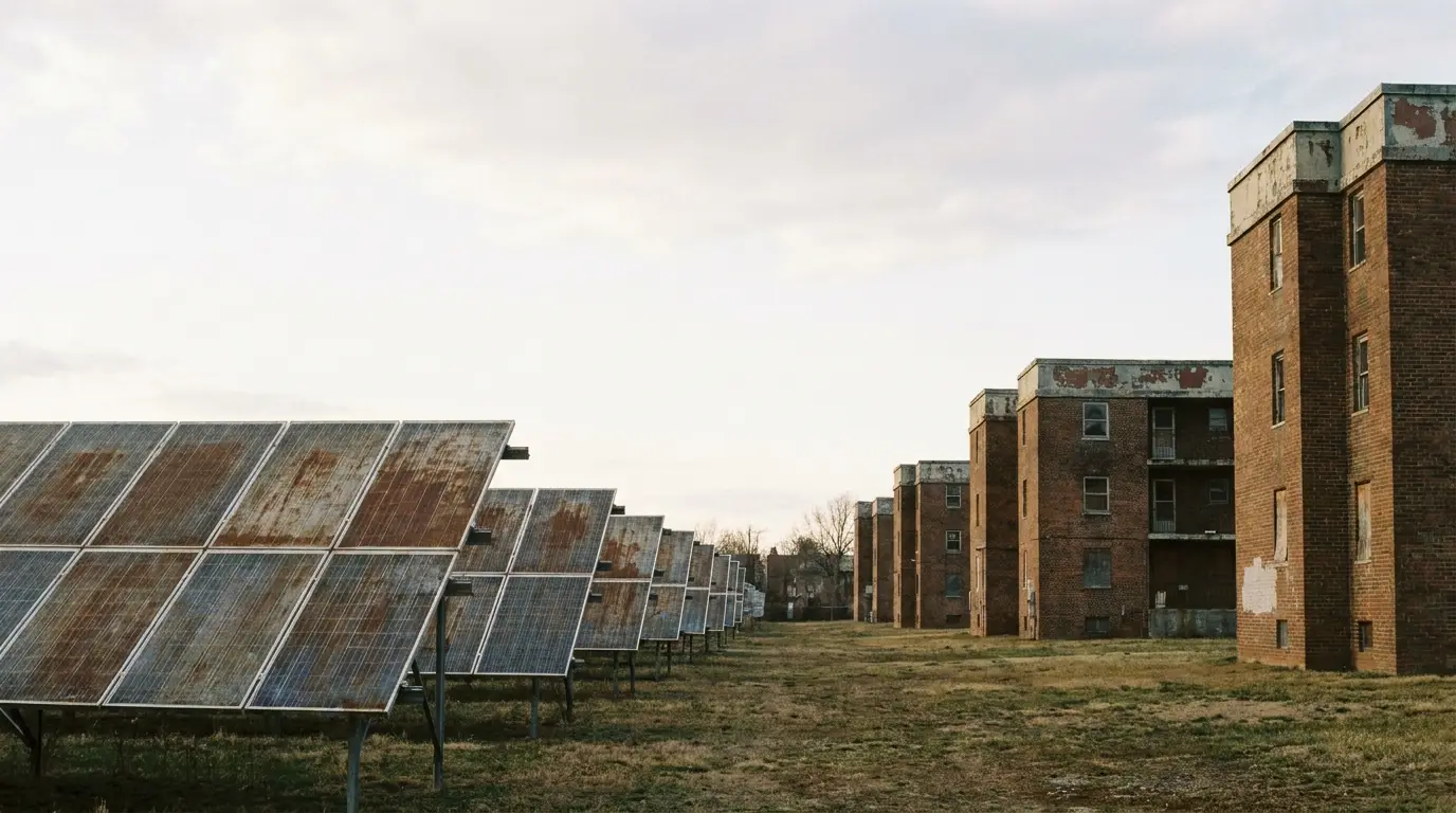 Rows of solar panels near old brick apartment buildings in an outdoor setting