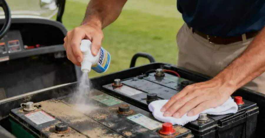 Person cleaning vehicle battery with spray and cloth outdoors on a sunny day