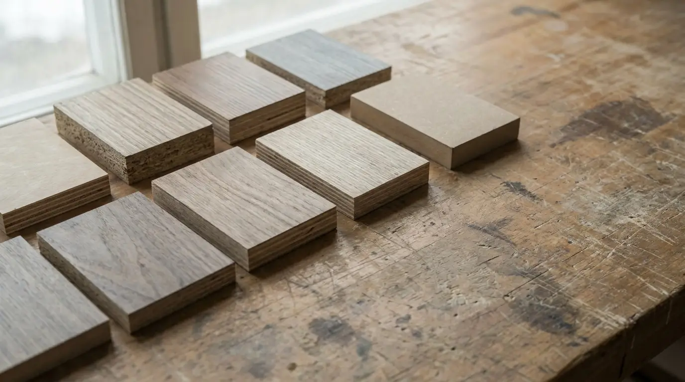Wood veneer samples arranged on a rustic wooden table in natural daylight