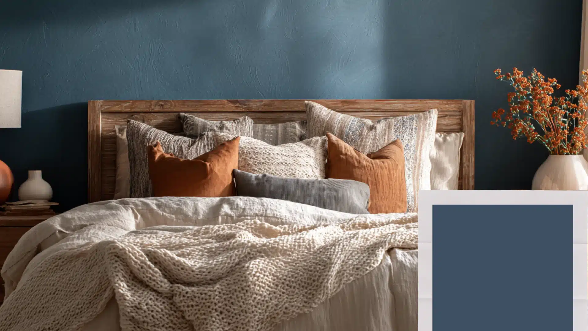 Cozy bed with terracotta pillows and wood headboard against a blue wall painted in Sherwin Williams Indigo Batik finish (2)