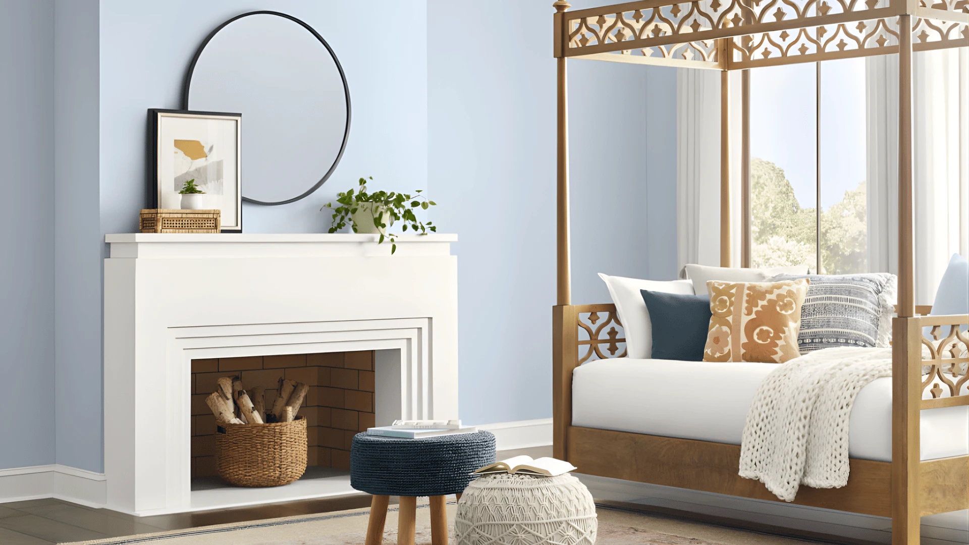 Cozy bedroom with soft blue walls, wooden canopy bed, fireplace, and layered neutral decor