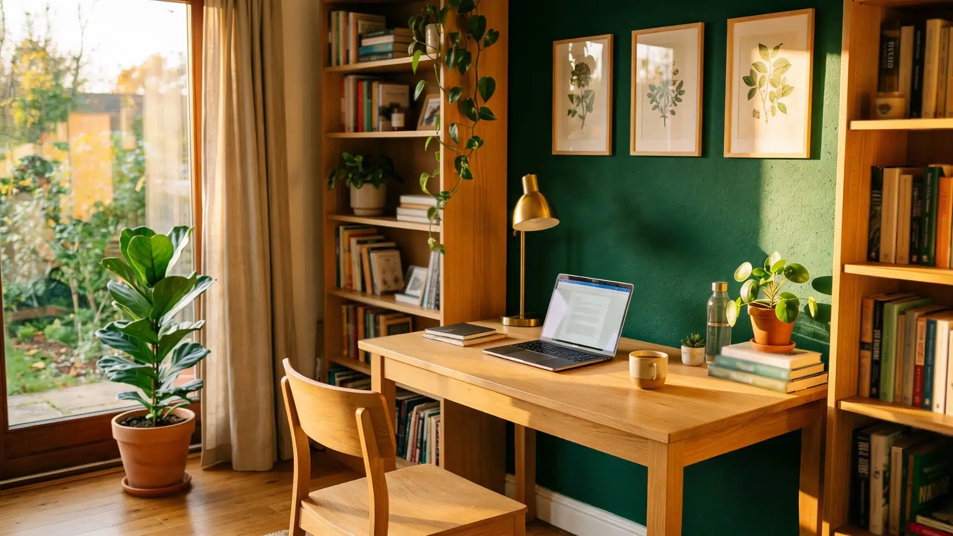 Cozy home office setup with a wooden desk, laptop, and plants against a dark green wall flanked by wooden bookshelves and natural light from a large window