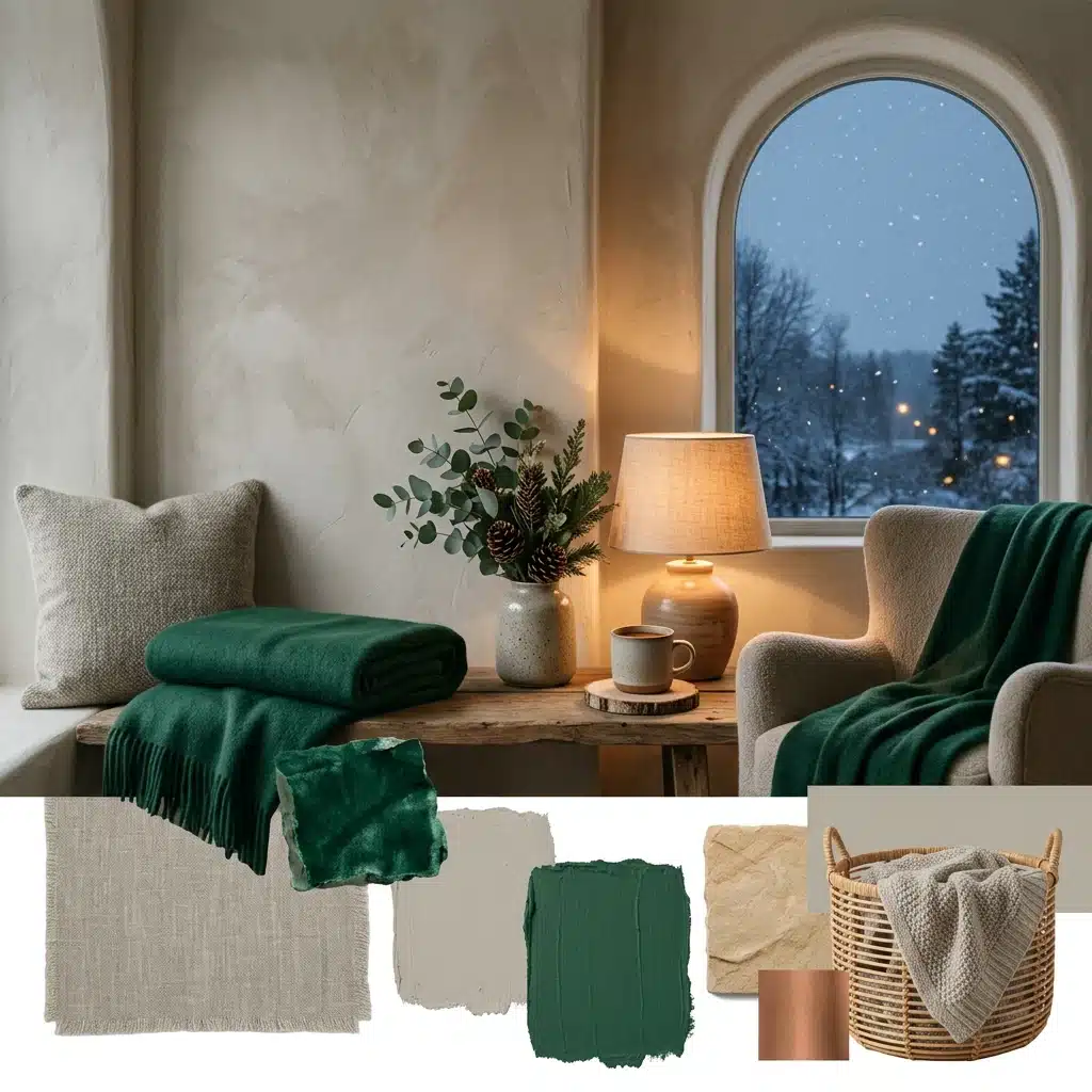 Cozy interior design mood board featuring a snowy window view, emerald green blankets, and natural textures like wood and linen