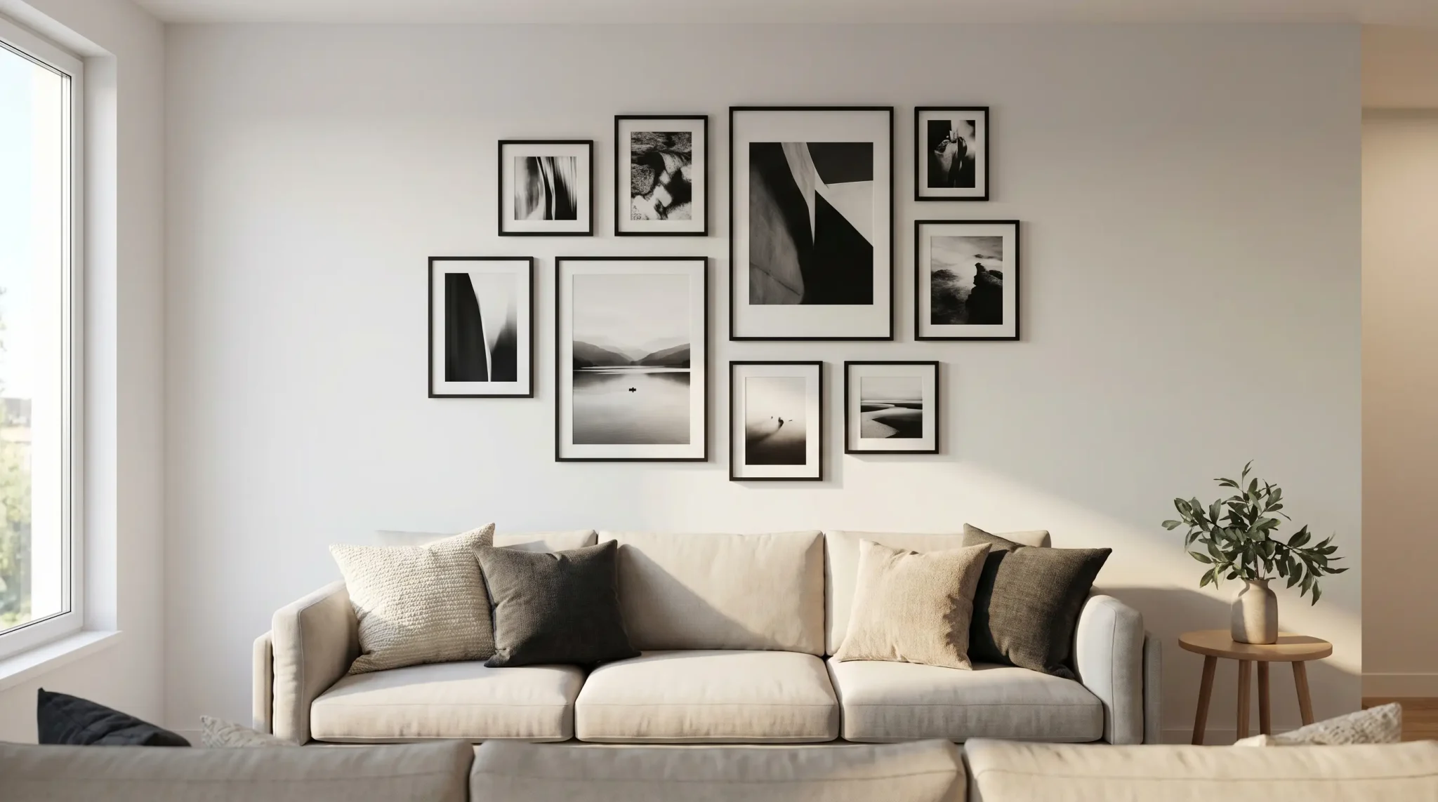 Neutral beige sofa with patterned cushions and black-and-white photo wall in modern living room.