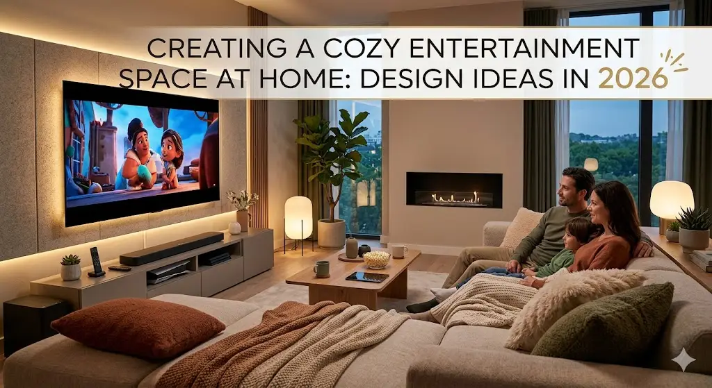 Family watching animated movie in cozy living room with modern decor and warm lighting