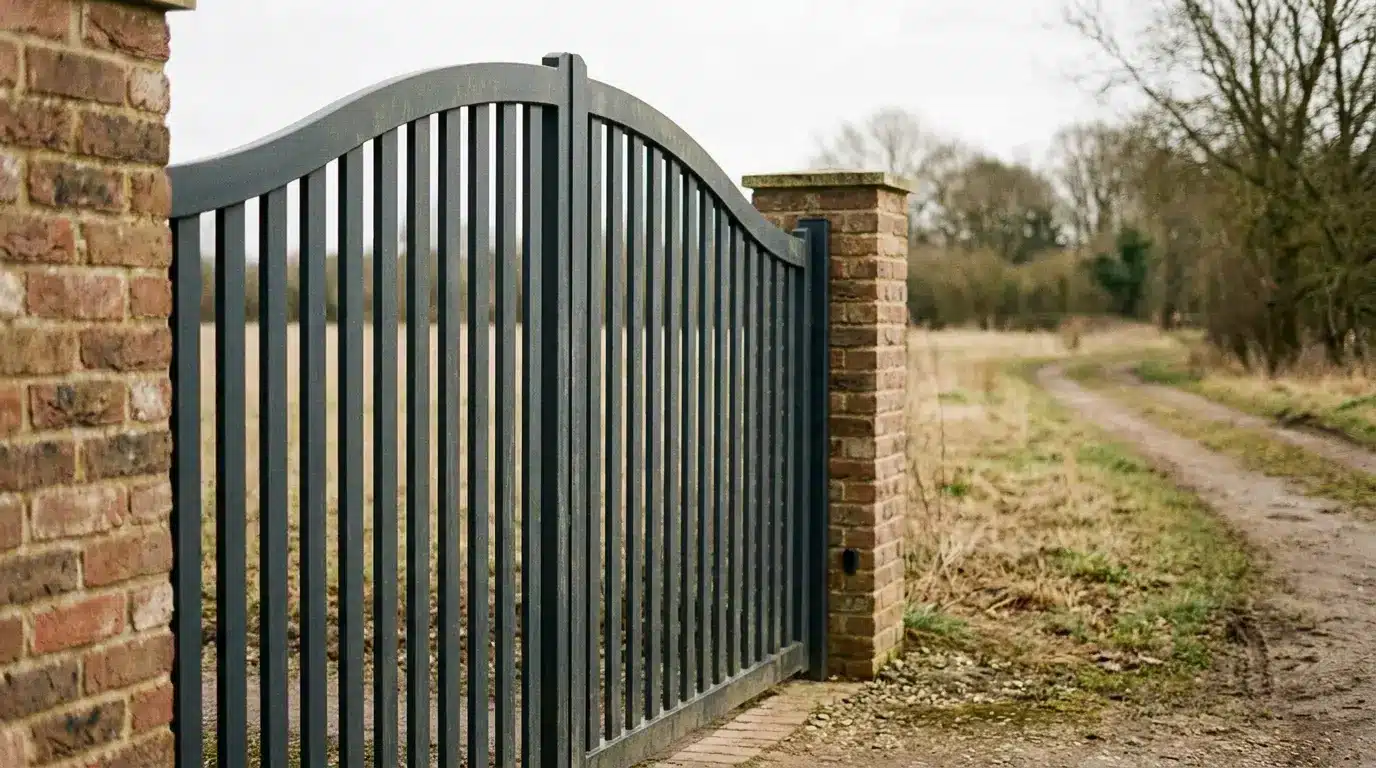 Iron gate and brick pillars in rural countryside setting with dirt path