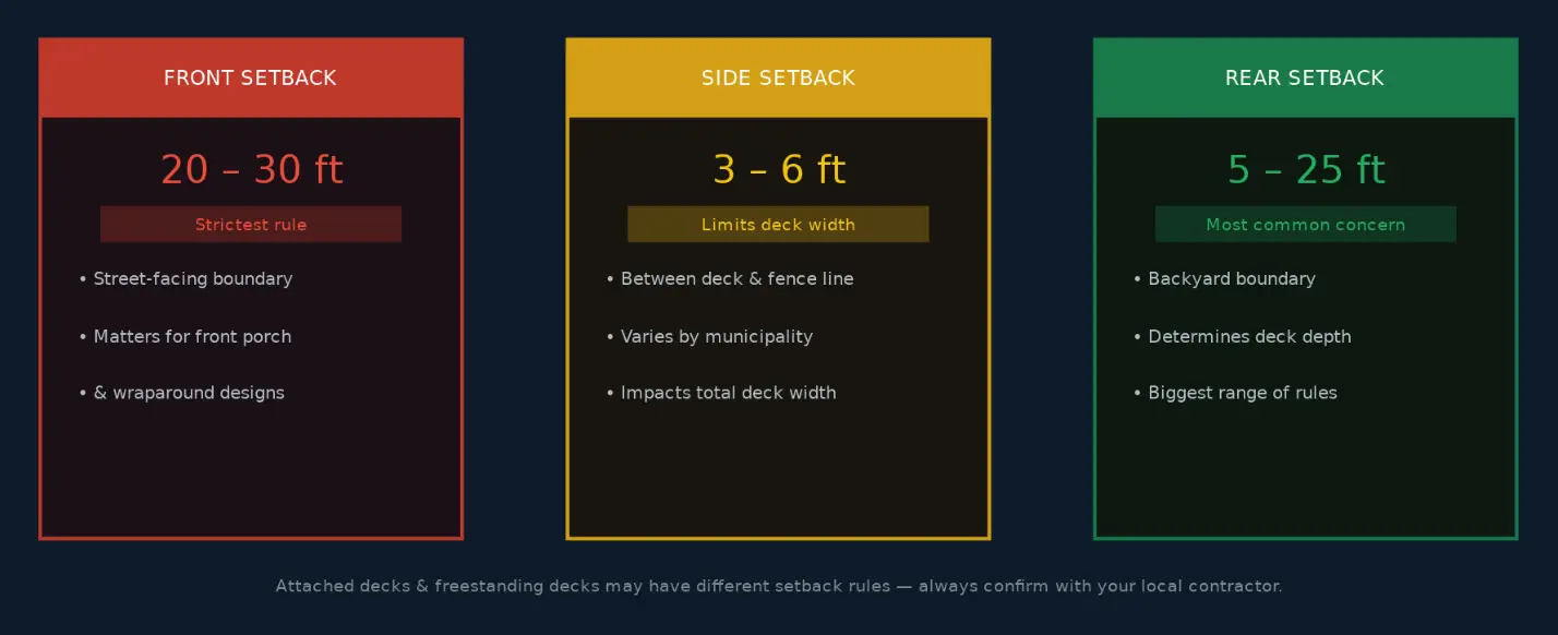 Setback requirements chart with red, yellow, green sections for front, side, rear deck limits