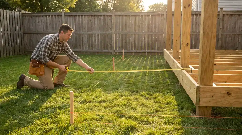 Person measuring wood frame with tape measure in backyard construction project