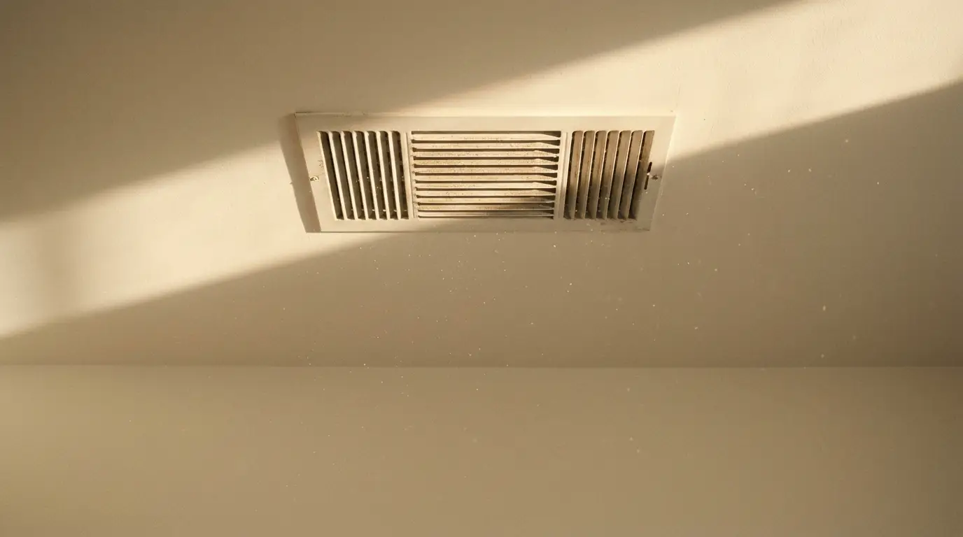Dusty ceiling vent with sunlight casting shadows in a neutral-toned interior space