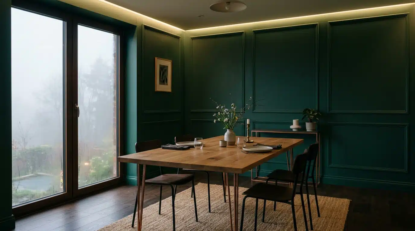Elegant dining room featuring dark teal wainscoting, a wooden table set for dinner, and a large window overlooking a foggy outdoor scene