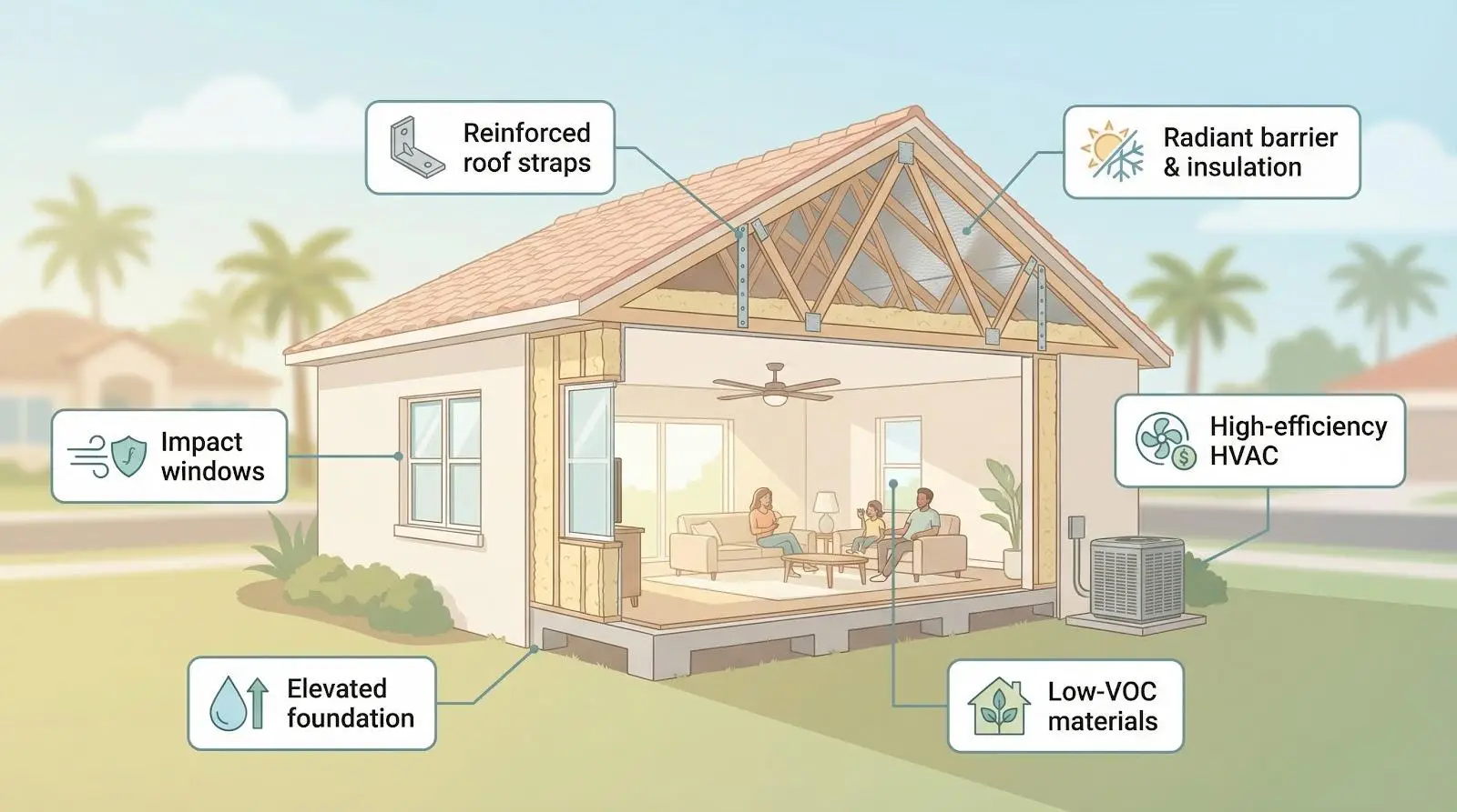 Cross-section diagram of a house featuring impact windows, reinforced roof, and high-efficiency HVAC system