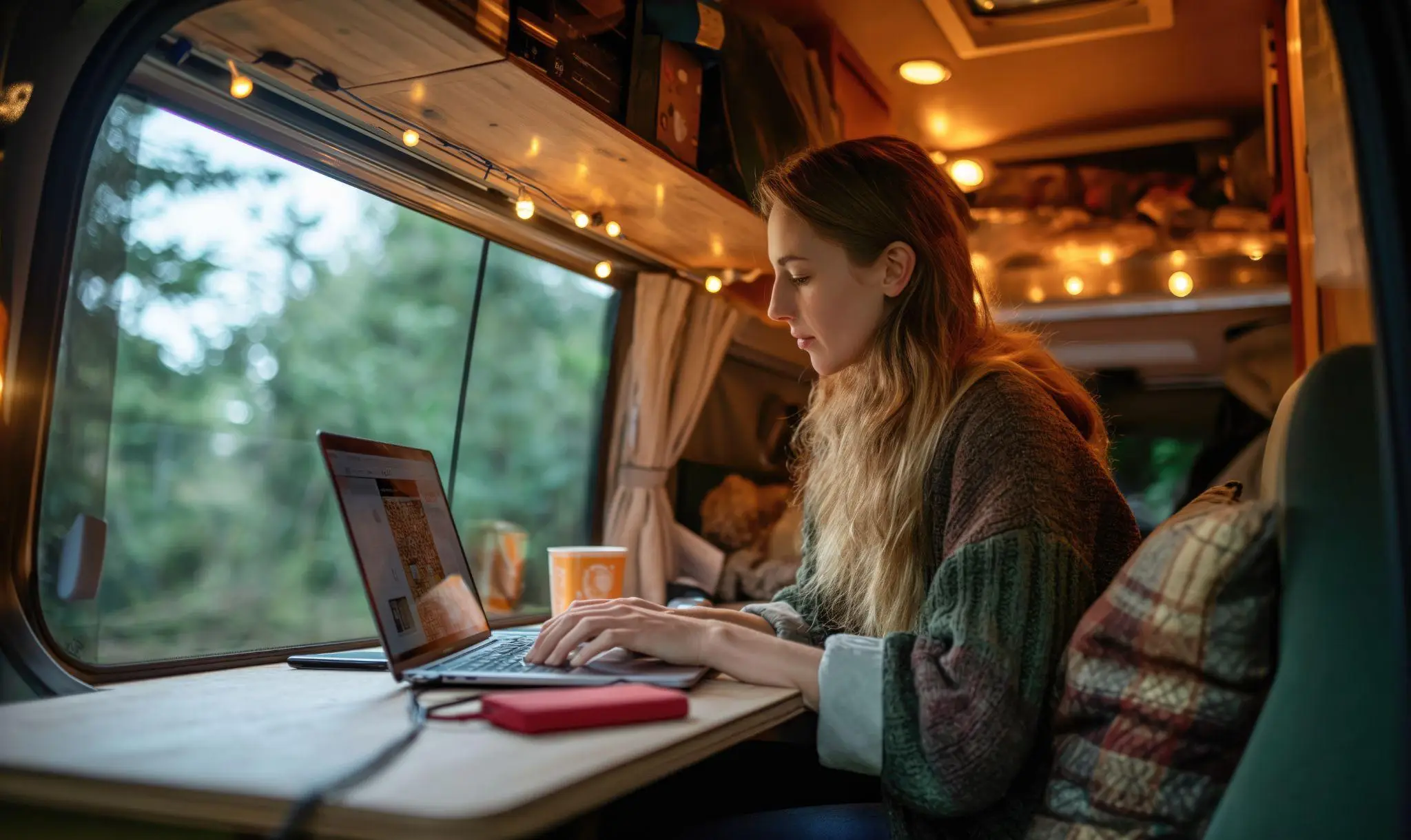 Young woman working on laptop inside cozy van with string lights and natural light filtering in