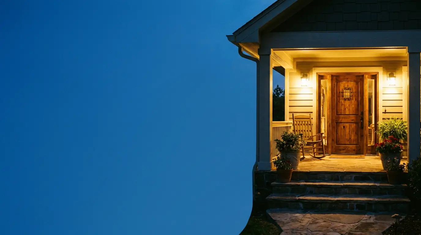 Warmly lit front porch with wooden rocking chair and potted plants at dusk
