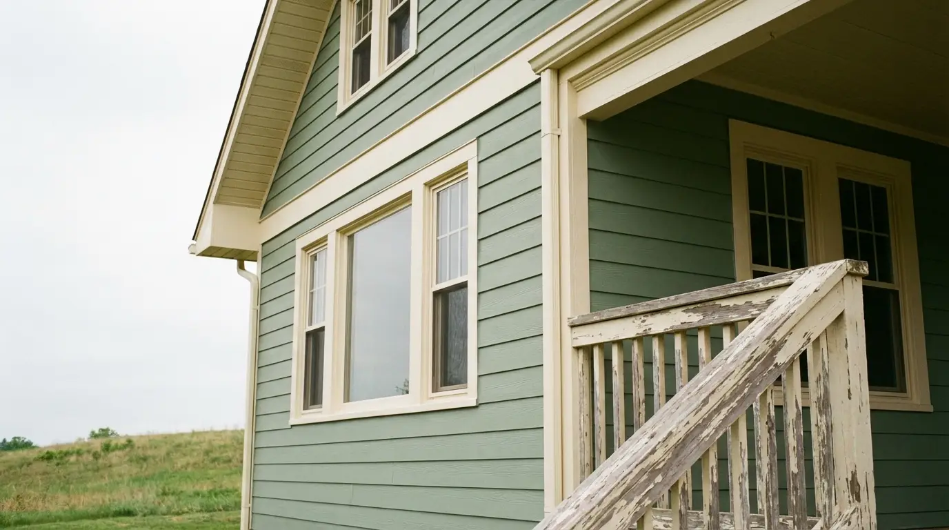 Green-clad house exterior with weathered wooden railing and large windows in rural setting