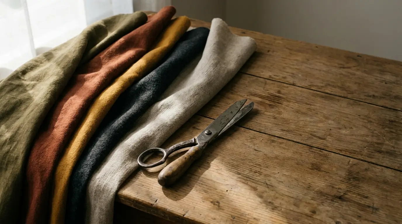 Multicolored fabric draped on rustic wooden table with vintage scissors in natural light