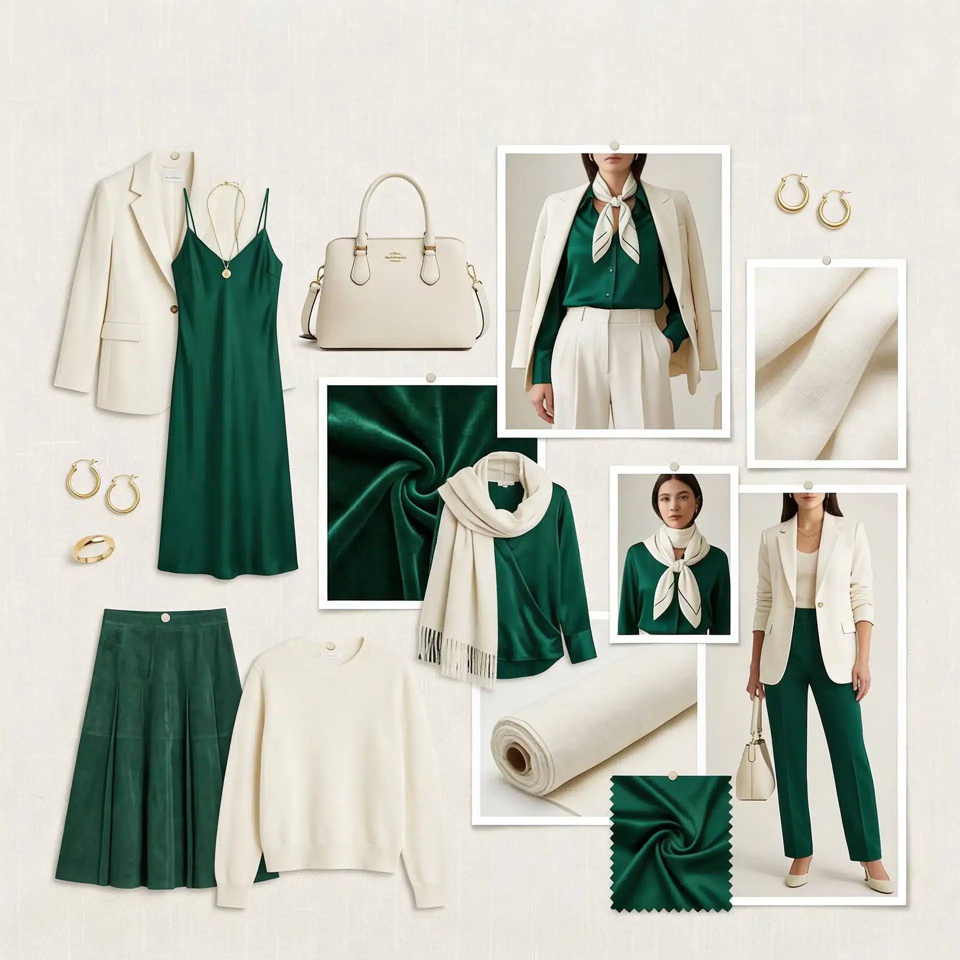Fashion mood board featuring emerald green apparel, cream:off-white outerwear, accessories, and fabric swatches