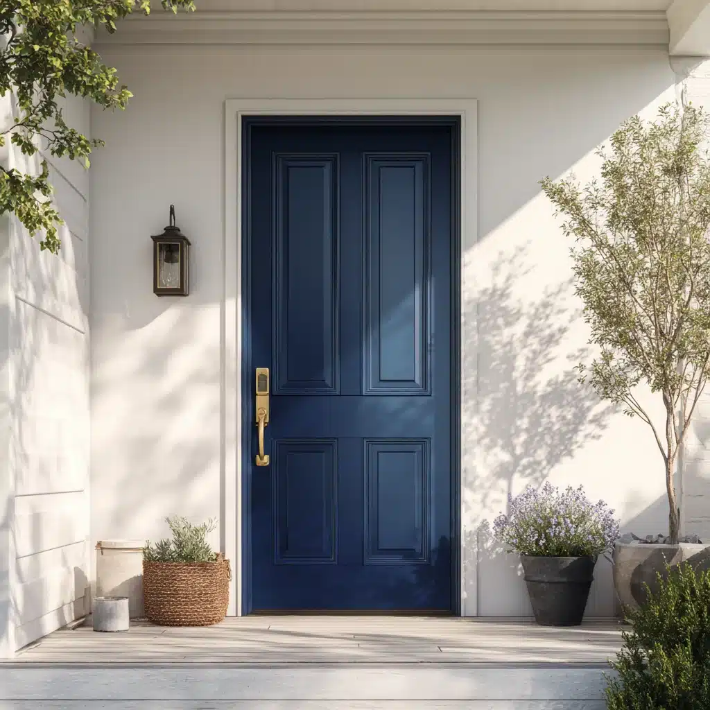 Front door painted in Sherwin Williams Indigo Batik with gold hardware and potted plants on a sunny white porch entry (1) (1)