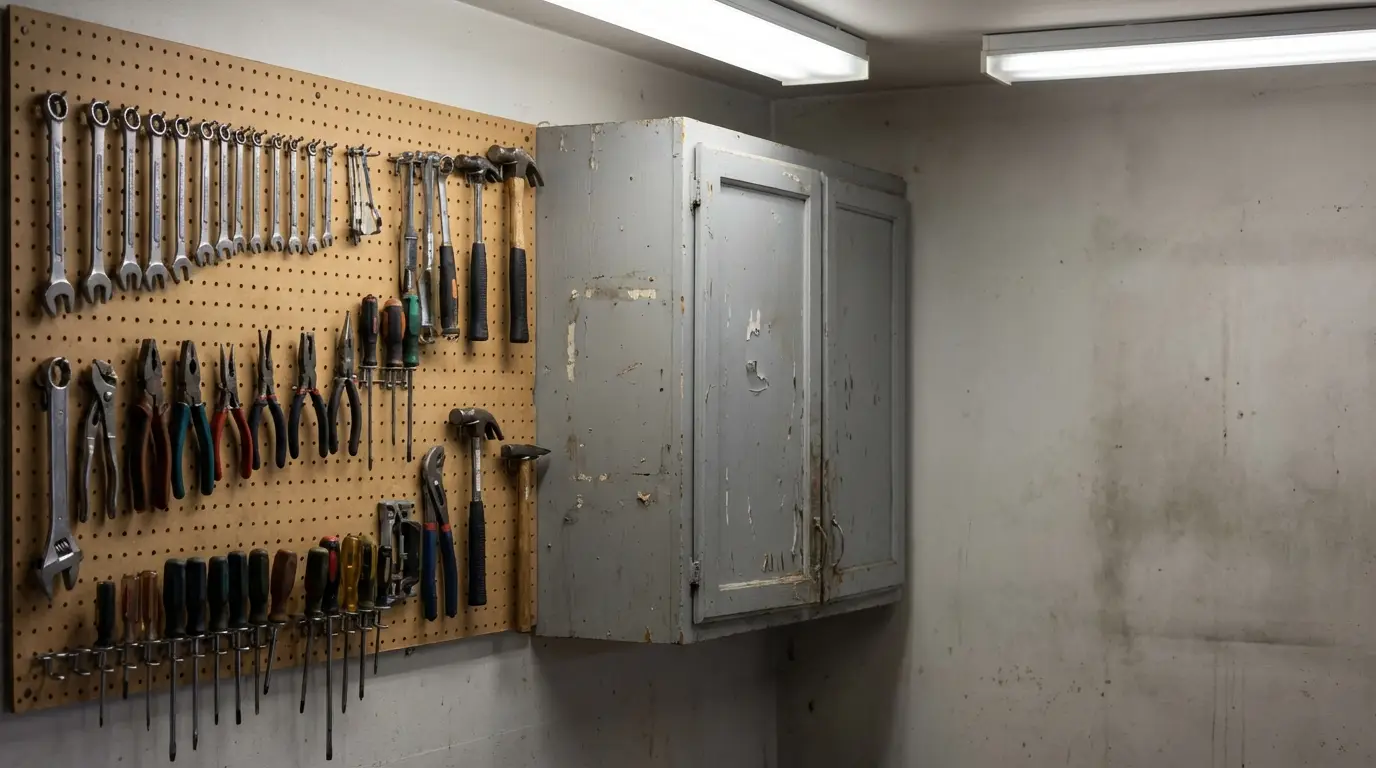 Tools organized on pegboard next to a worn metal cabinet in a dimly lit workshop