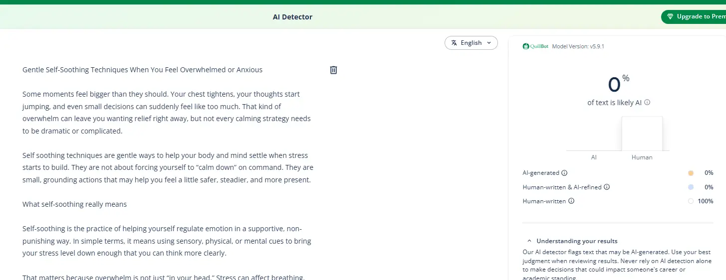 Webpage screenshot showing AI detector results with a 0% likelihood of AI-generated content, featuring text analysis details.