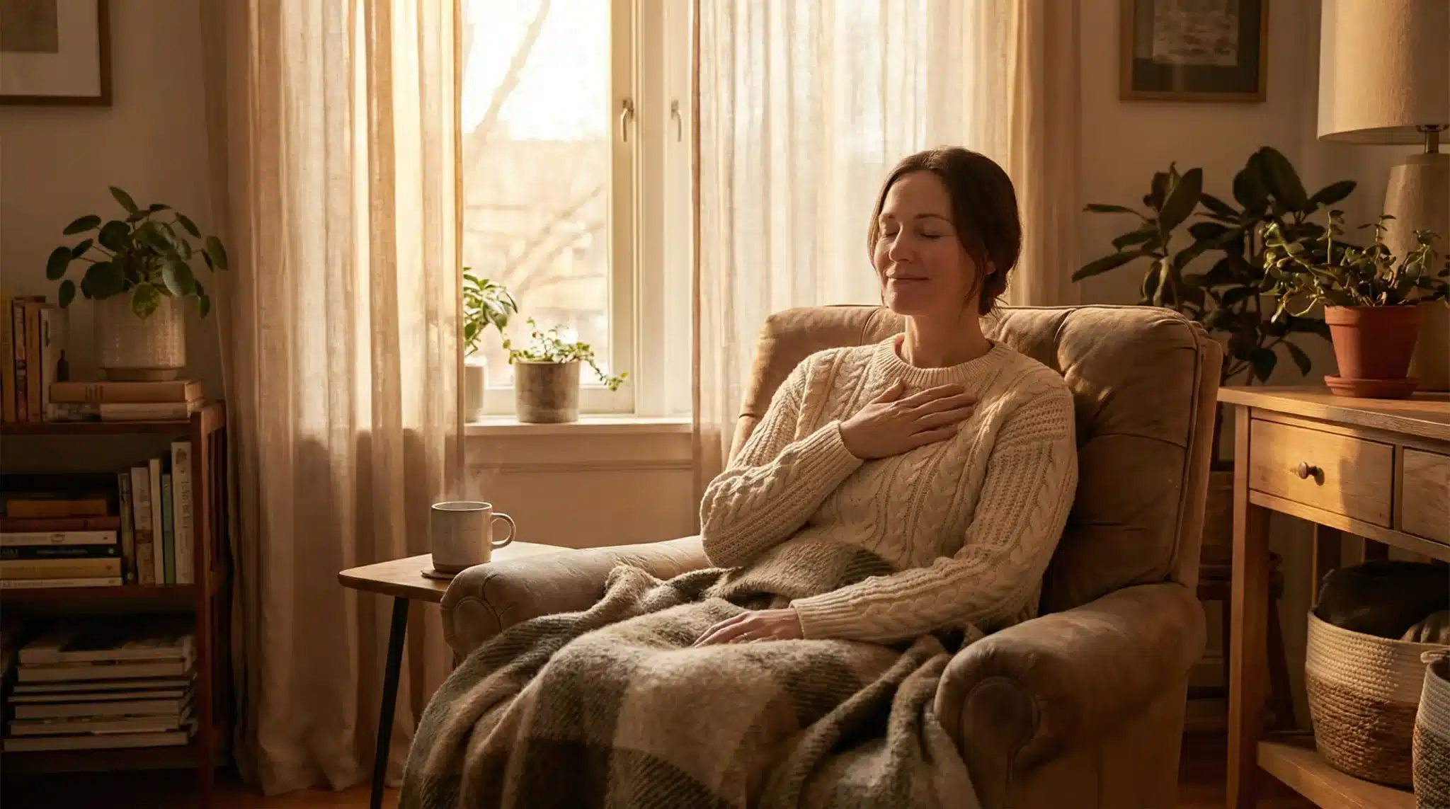 Woman relaxing in an armchair with a blanket in a cozy living room