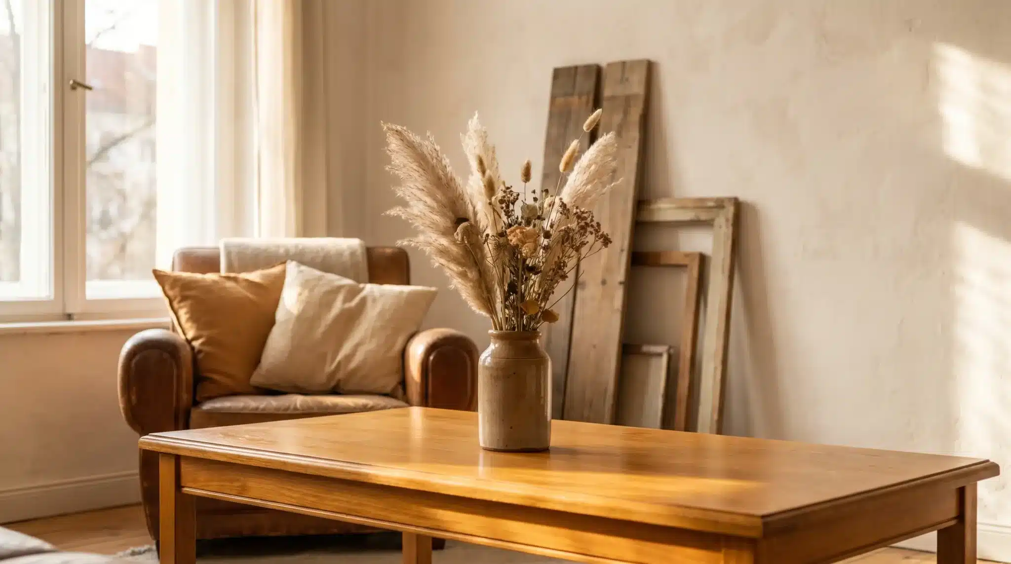 Rustic vase with dried pampas grass on wooden coffee table in cozy sunlit living room