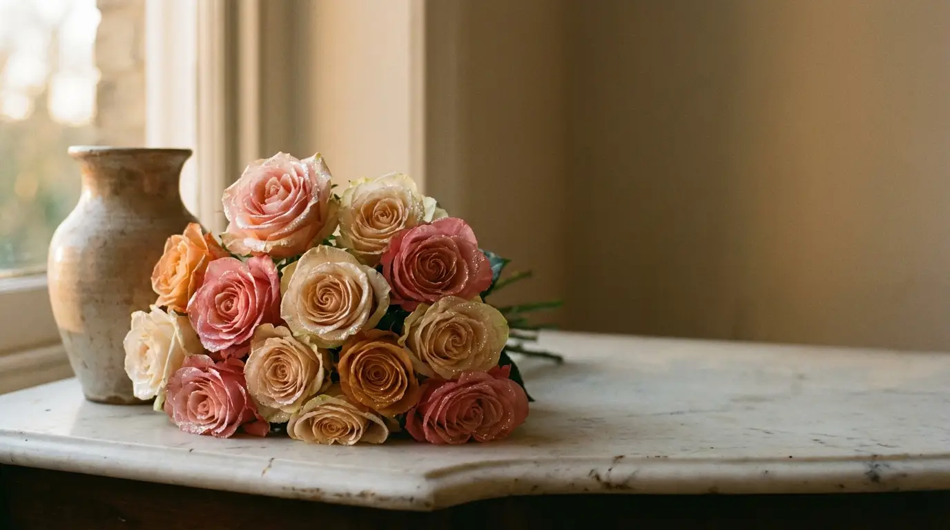 Bouquet of pale pink and peach roses on marble table next to ceramic vase