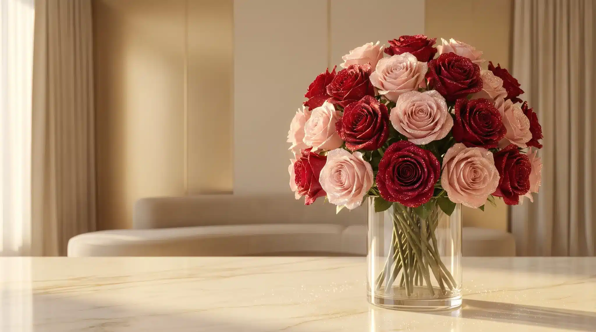 Bouquet of red and pink roses in a glass vase on marble table in sunlit room