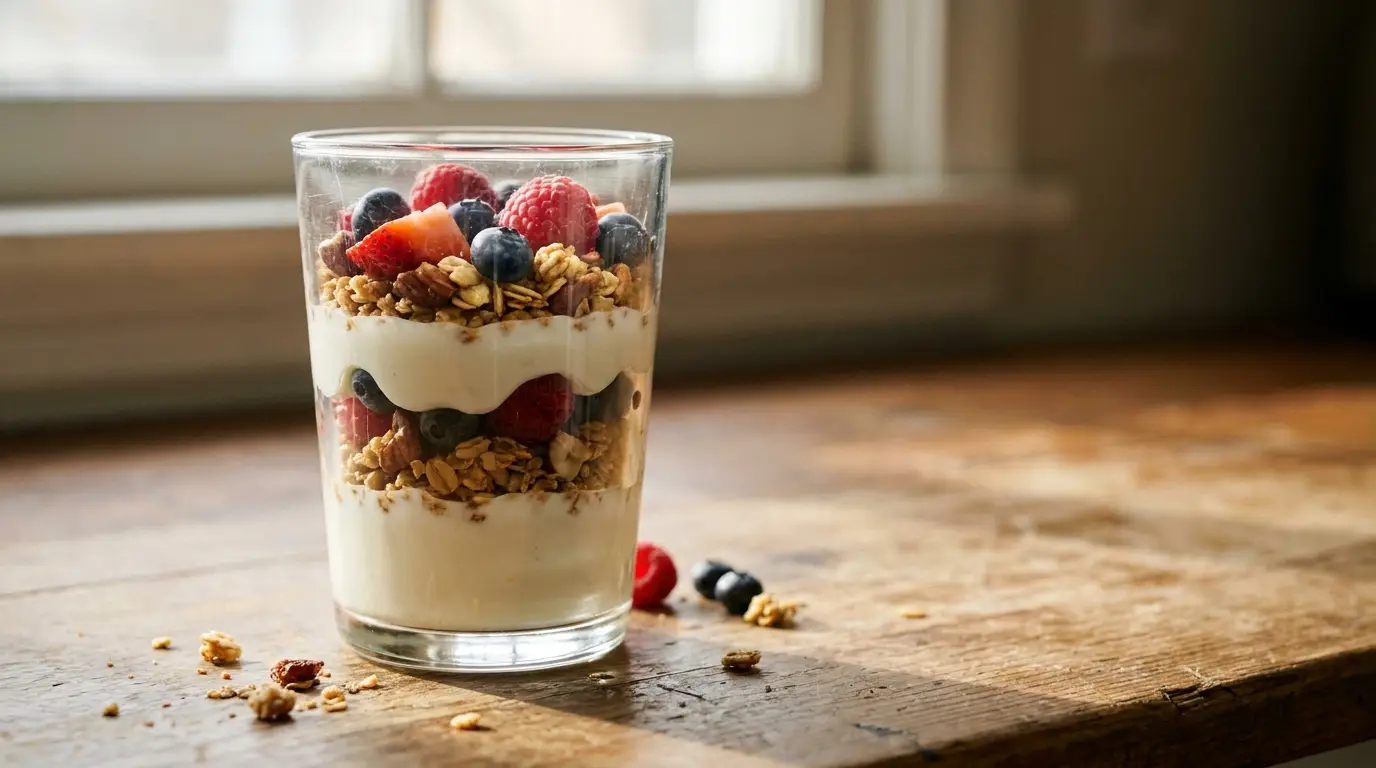 Greek yogurt parfait layered with golden granola and mixed berries in a clear glass on a wooden counter