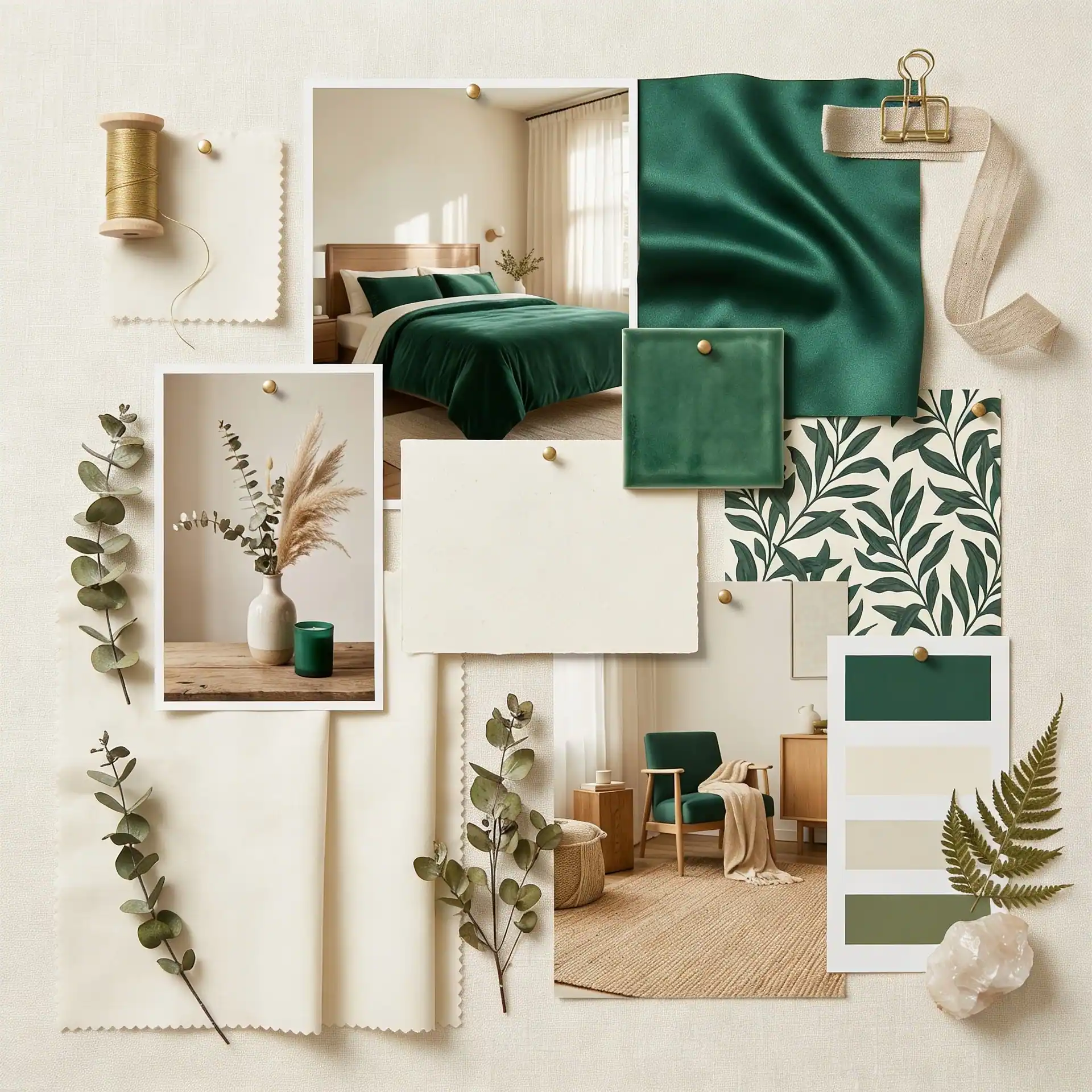 Green and white interior featuring stylish furniture in matching colors, creating a fresh and modern atmosphere