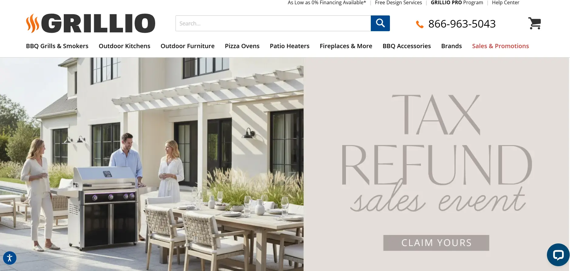 Outdoor patio scene with three people around a stainless steel grill near dining table