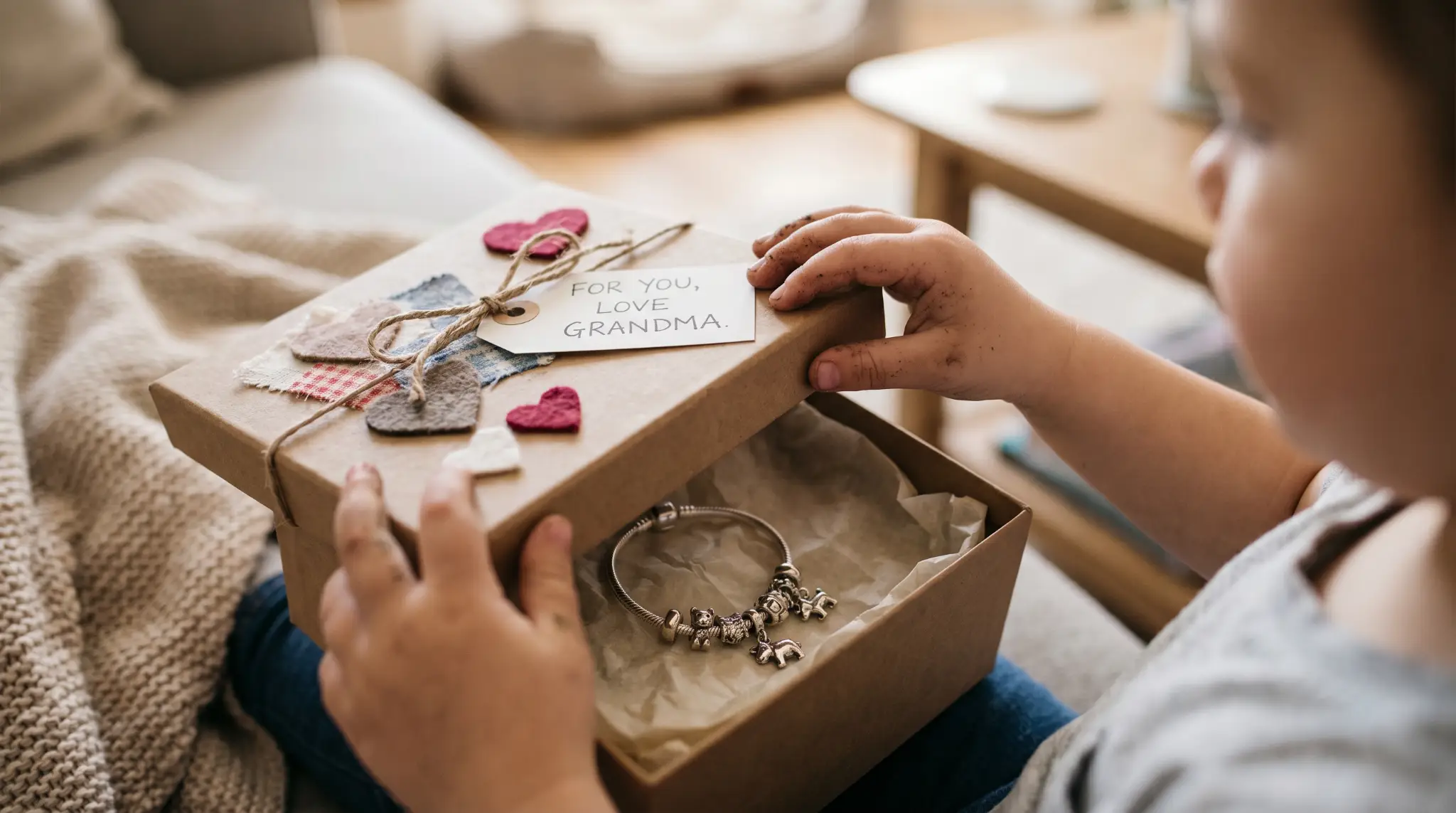 Child opening a gift box with a charm bracelet inside on a cozy couch