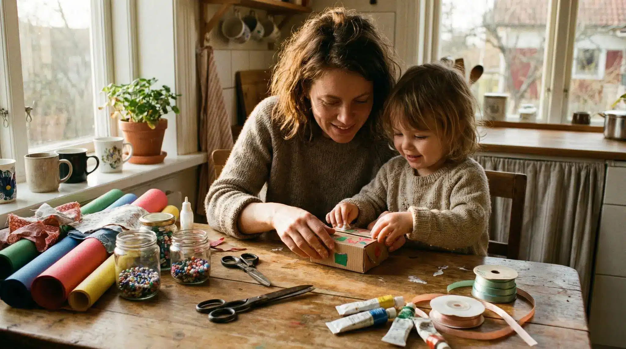 Mother and child decorating a box with art supplies in a cozy kitchen setting